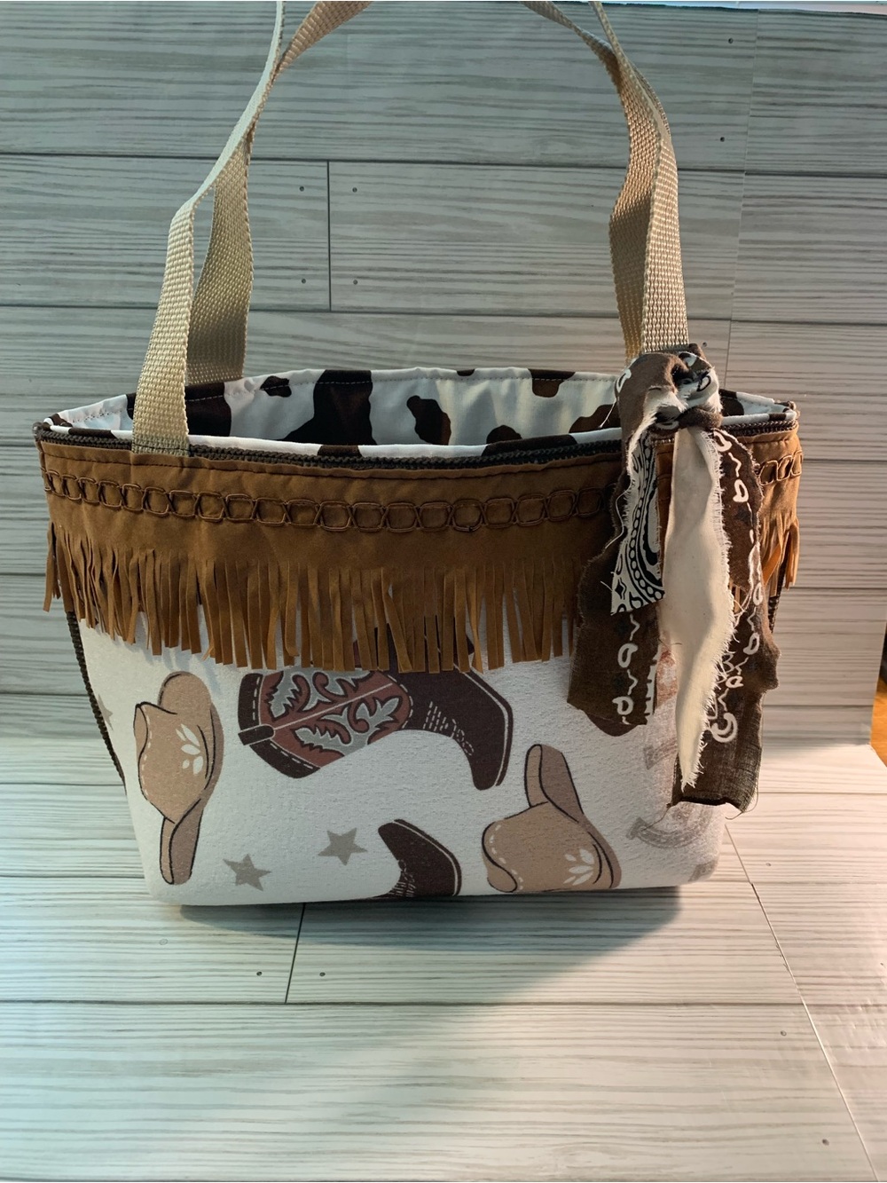 Western Fringe Tote Bag in Brown & Cream Handmade